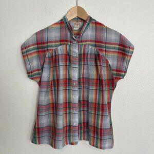 R.D. #2 Vintage | Rockabilly Western 70s Cowgirl Shirt Red Plaid, Cap Sleeve, Sm